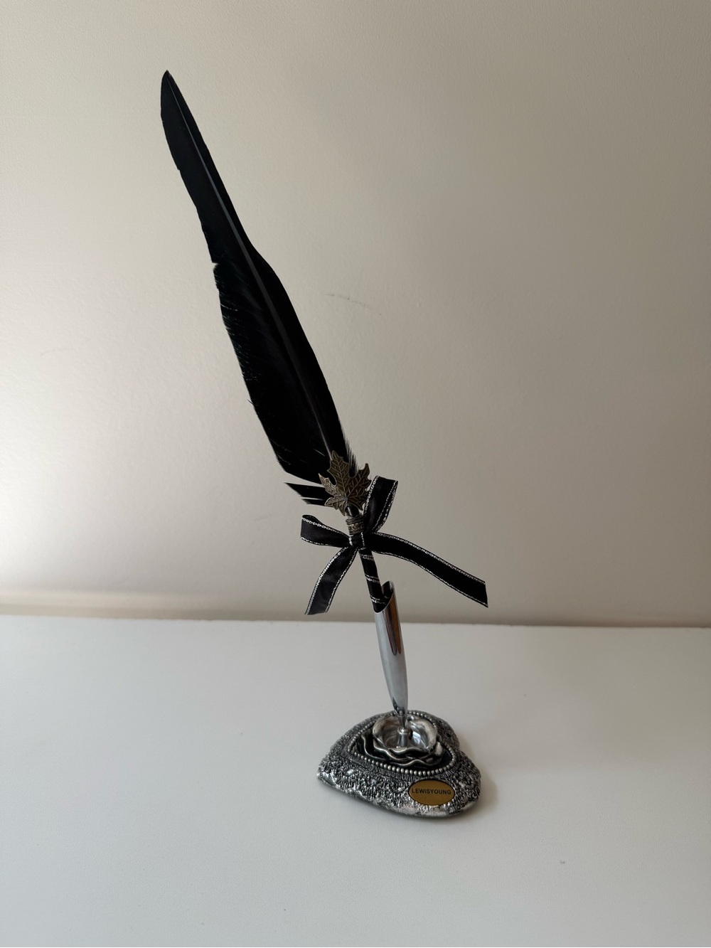 Lewis Young Feather Quill Pen and Holder in Black & Silver